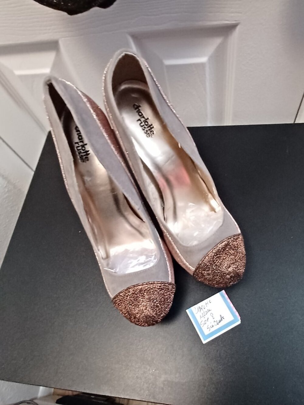 Charlotte Russe Taupe Pumps with Bronze Glitter Cap Toe